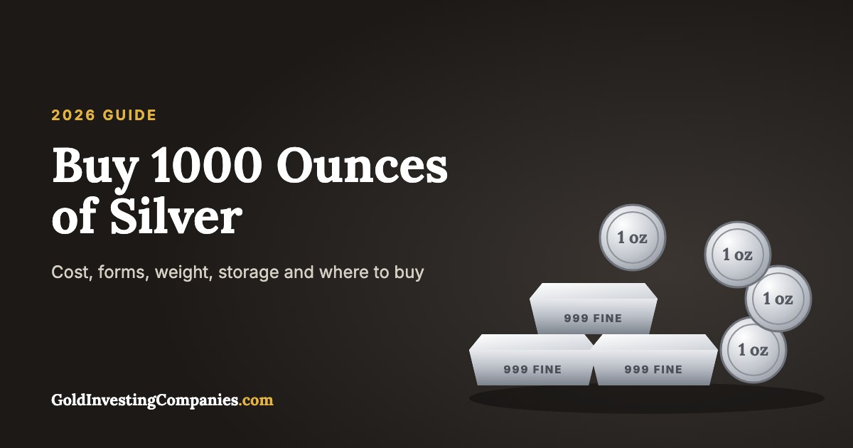 Stacked silver bars and silver coins beside the words Buy 1000 Ounces of Silver