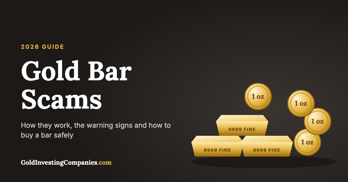 Stacked gold bars and gold coins beside the words Gold Bar Scams