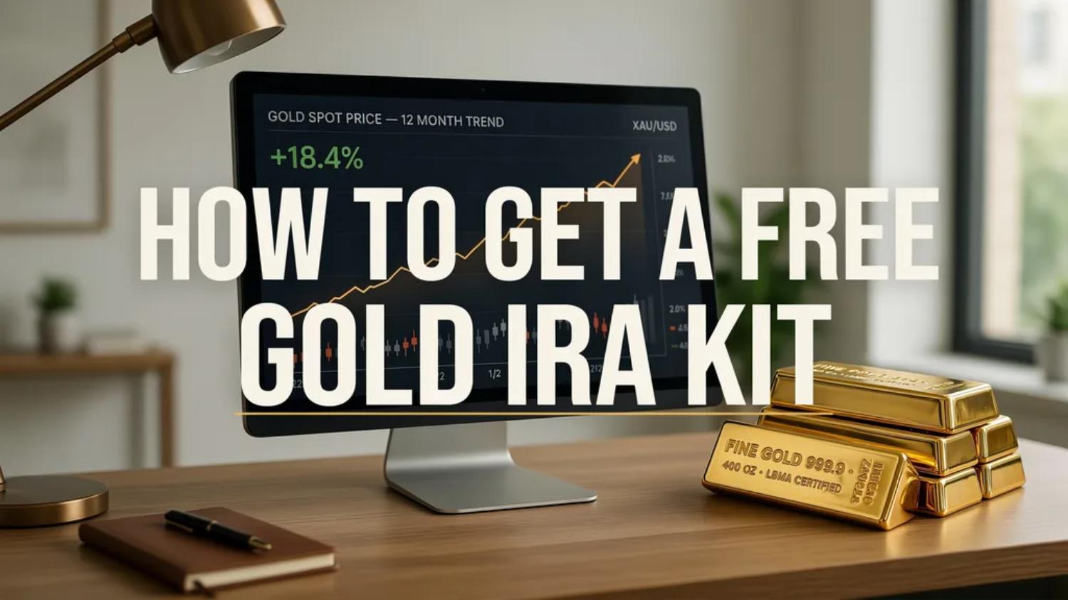 Gold bars on a desk beside a monitor showing a gold price chart